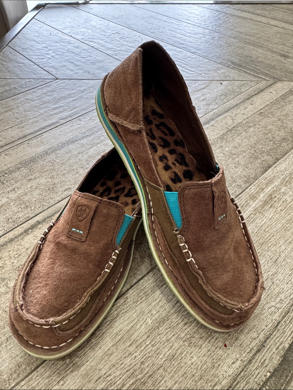 Ariat Brown Suede Loafers with Teal Elastic Panels